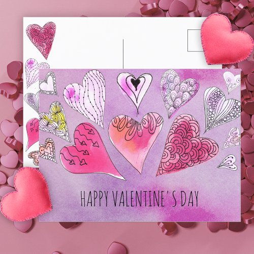 Romantic Doodle Watercolor Hearts Valentines Day Postcard