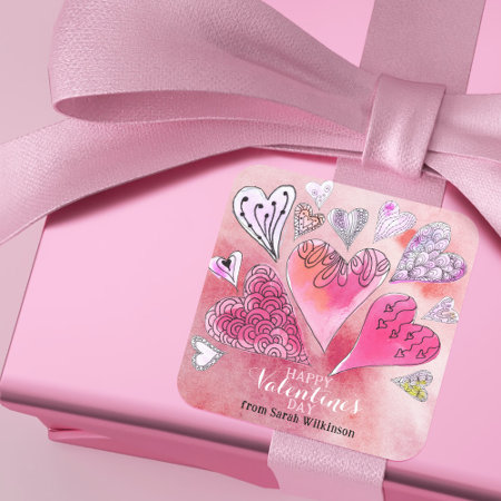 Romantic Doodle Watercolor Hearts Valentine's Day