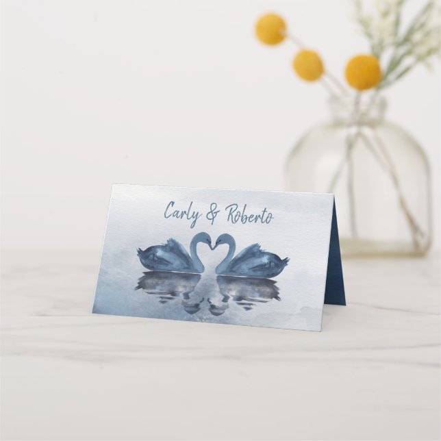 Romantic Double Blue Swan Wedding Place Card (Back)