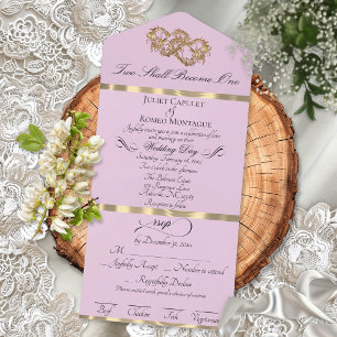 Romantic Double Hearts - Pink Pearl/Gold All In One Invitation