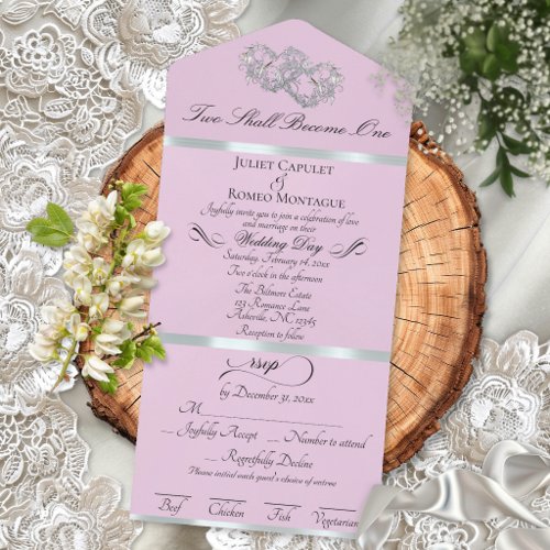 Romantic Double Hearts - Pink Pearl/Silver All In One Invitation