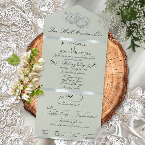 Romantic Double Hearts - Sage/Silver All In One Invitation