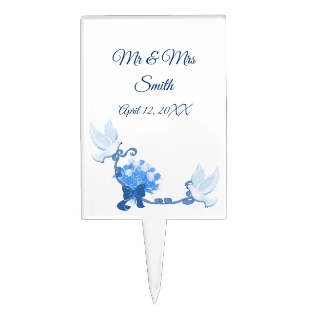 Romantic Doves And Blue Flower Wedding Cake Topper (Front)