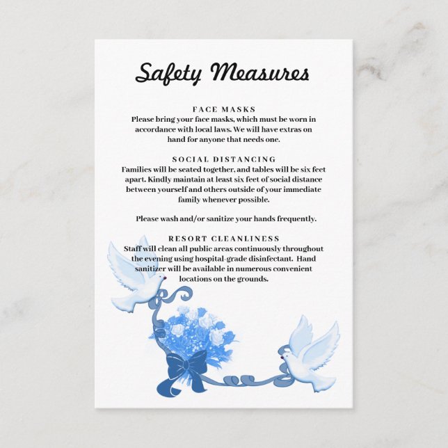 Romantic Doves And Blue Flowers Safety Measures Enclosure Card (Front)