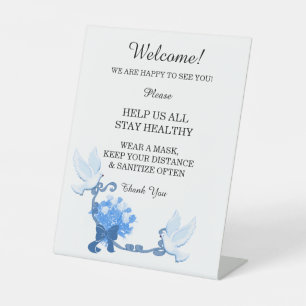 Romantic Doves And Blue Flowers Wedding Safety  Pedestal Sign