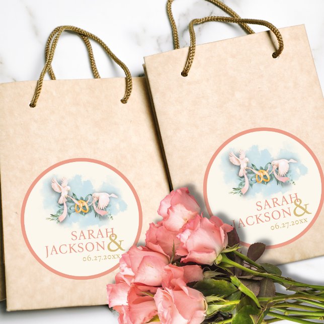 Romantic Doves Coral Wedding Classic Round Sticker (Creator Uploaded)