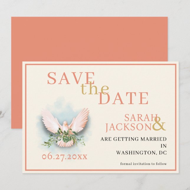Romantic Doves Coral Wedding Save the Date Invitation (Front/Back)
