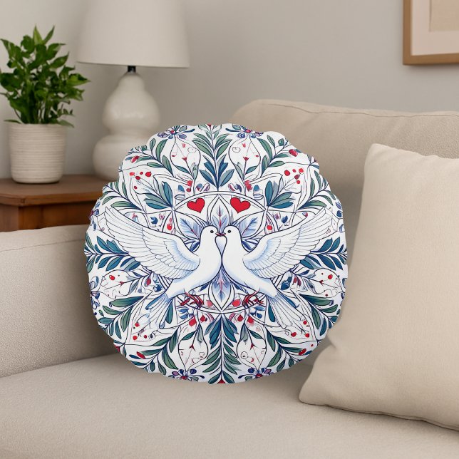 Romantic Doves & Floral Heart Mandala Round Pillow (Creator Uploaded)