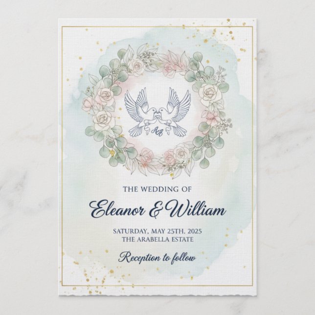 Romantic Doves  Pink Floral Watercolor Wedding Invitation (Front)