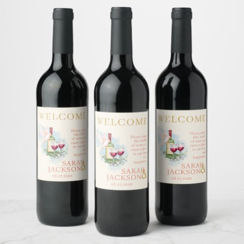 Romantic Doves Wedding Coral Red Wine Label
