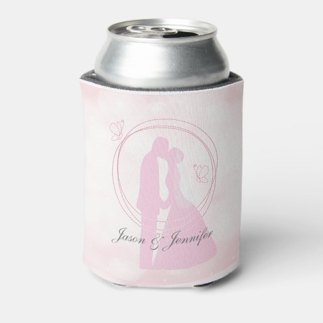 Romantic Dreamy Pink Wedding Couple Can Cooler (Can Back)
