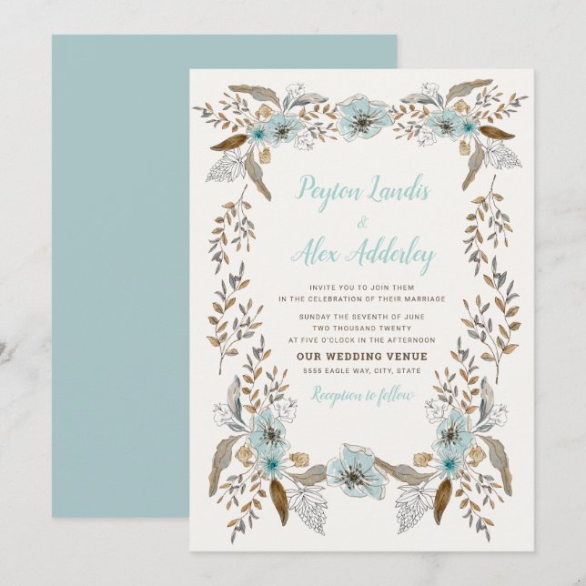 Romantic Dusty Blue Brown Boho Flowers Wedding Invitation (Front/Back)