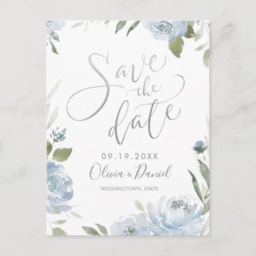 Romantic dusty blue  calligraphy save the date postcard