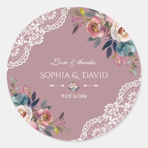 Romantic Dusty Blue Dusty Rose Flowers Wedding Classic Round Sticker