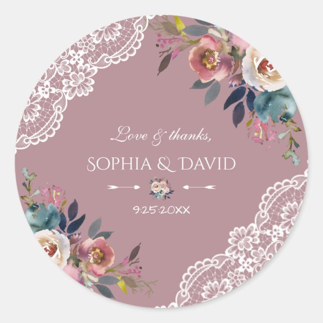 Romantic Dusty Blue Dusty Rose Flowers Wedding Classic Round Sticker (Front)