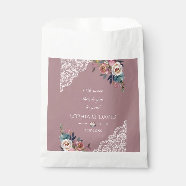 Romantic Dusty Blue Dusty Rose Flowers Wedding Favor Bag (Front)