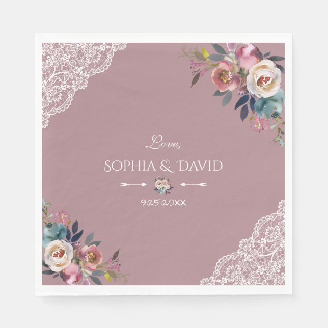 Romantic Dusty Blue Dusty Rose Flowers Wedding Napkins (Front)