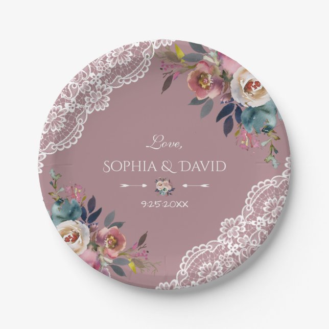 Romantic Dusty Blue Dusty Rose Flowers Wedding Paper Plates (Front)