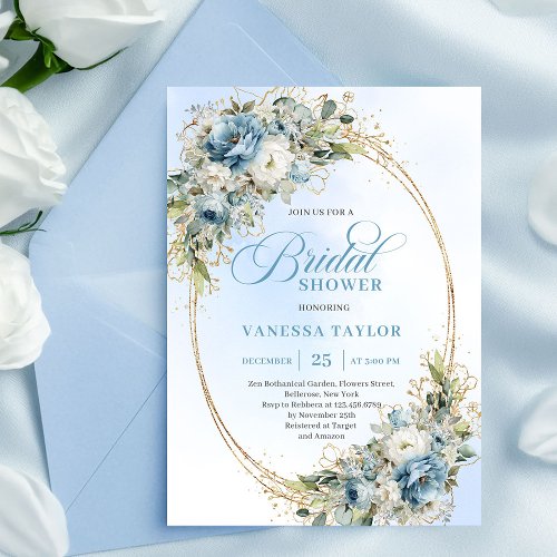 Romantic Dusty Blue Eucalyptus Gold Bridal Shower 