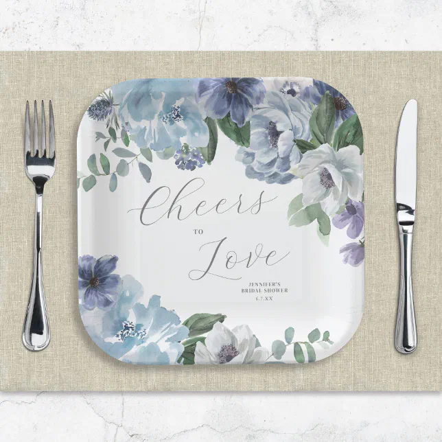 Romantic Dusty Blue Floral Bridal Shower Party Paper Plates | Zazzle