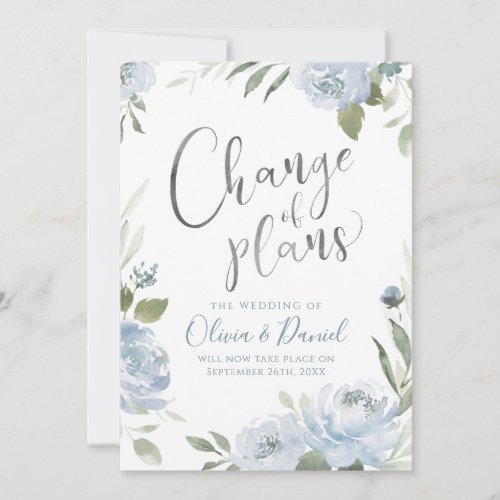 Romantic dusty blue floral change of plan invitation