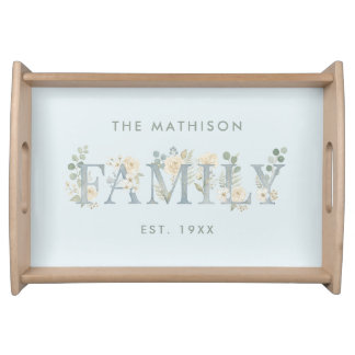 Romantic Dusty Blue Floral Family Monogram HM26 Serving Tray