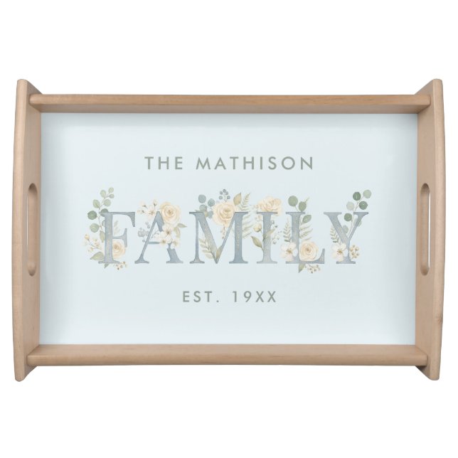 Romantic Dusty Blue Floral Family Monogram HM26 Serving Tray (Front)
