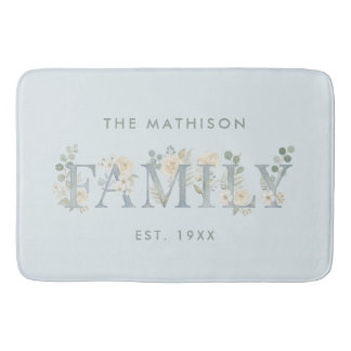 Romantic Dusty Blue Floral Family Monogram MH26 Bath Mat