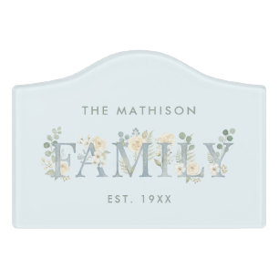 Romantic Dusty Blue Floral Family Monogram MH26 Door Sign