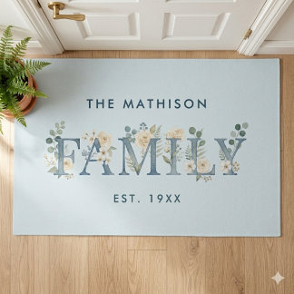 Romantic Dusty Blue Floral Family Monogram MH26 Doormat