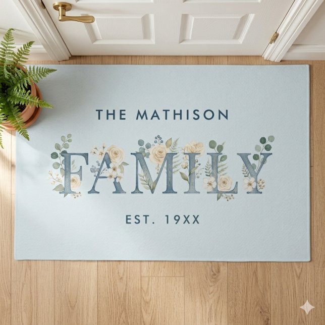 Romantic Dusty Blue Floral Family Monogram MH26 Doormat (Romantic Dusty Blue Floral Family Monogram Custom Welcome Doormat with Elegant Botanical.)