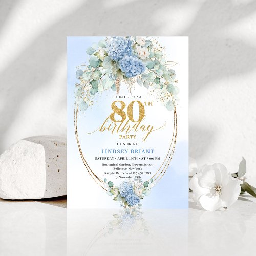 Romantic Dusty Blue Floral Gold 80th Birthday