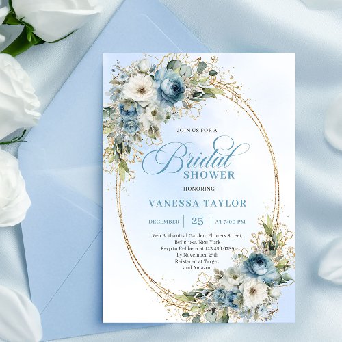 Romantic Dusty Blue Floral Gold Frame Bridal Showe