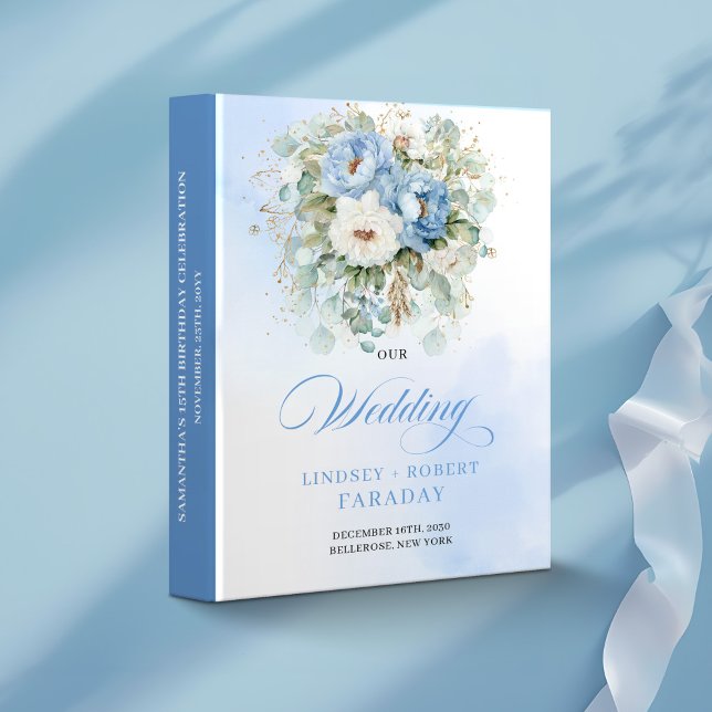 Romantic Dusty Blue Floral Gold Wedding Memory  3 Ring Binder (Romantic Dusty Blue Floral Gold Wedding Memory Book)