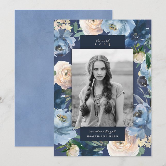 Romantic Dusty Blue Floral Graduation Photo Announcement (Front/Back)