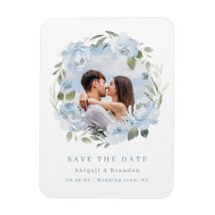 Romantic dusty blue floral photo save the date magnet