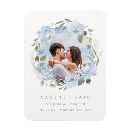 Romantic dusty blue floral photo save the date magnet