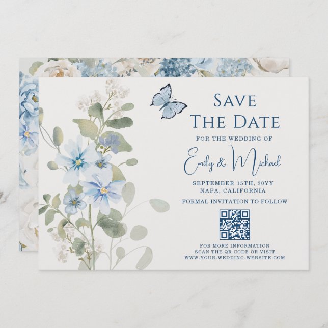Romantic Dusty Blue Floral QR Code Wedding Save The Date (Front/Back)