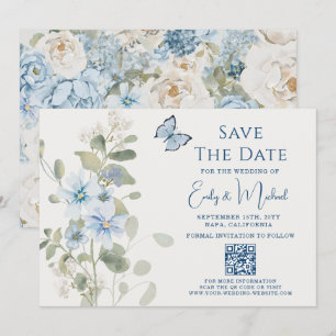 Romantic Dusty Blue Floral QR Code Wedding Save The Date