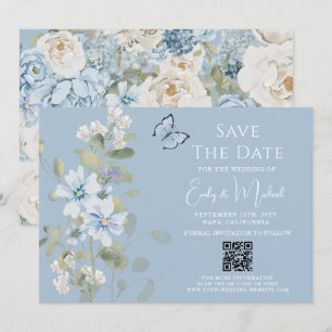 Romantic Dusty Blue Floral QR Code Wedding Save The Date