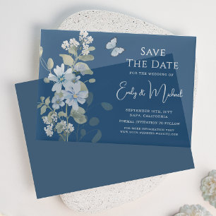 Romantic Dusty Blue Floral Save The Date Wedding Vellum Invitations