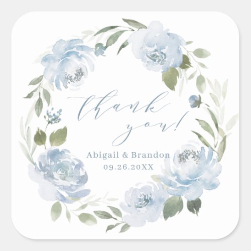 Romantic dusty blue floral thank you wedding square sticker