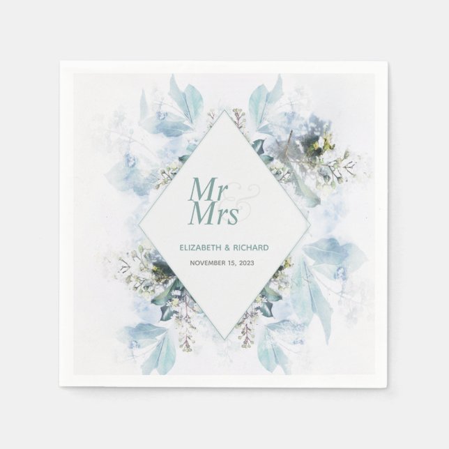 Romantic Dusty Blue Floral Watercolor Wedding Napkins (Front)