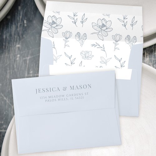 Romantic dusty blue floral wedding envelopes
