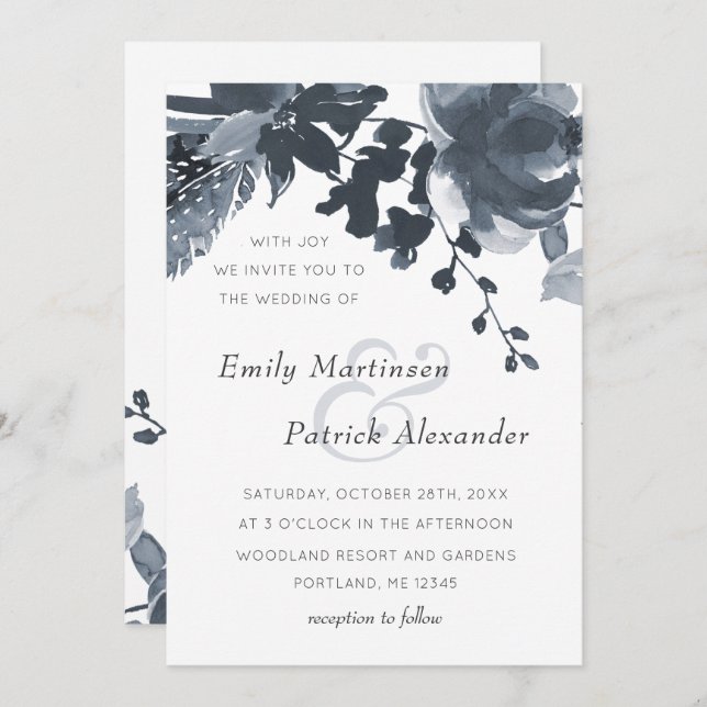 Romantic Dusty Blue Floral Wedding Invitation (Front/Back)