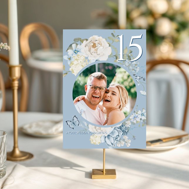 Romantic Dusty Blue Floral Wedding Photo Table Number (Creator Uploaded)