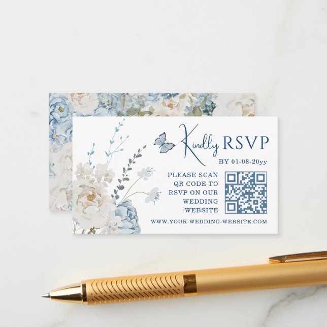 Romantic Dusty Blue Floral Wedding RSVP QR Code Enclosure Card (Front/Back In Situ)