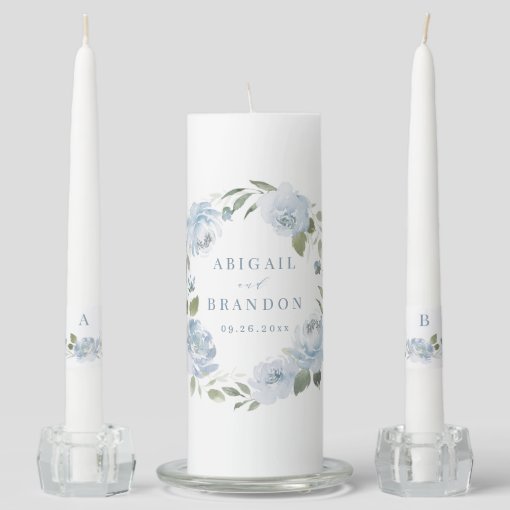 Romantic dusty blue floral wedding unity candle set | Zazzle