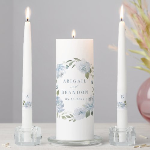Romantic dusty blue floral wedding unity candle set