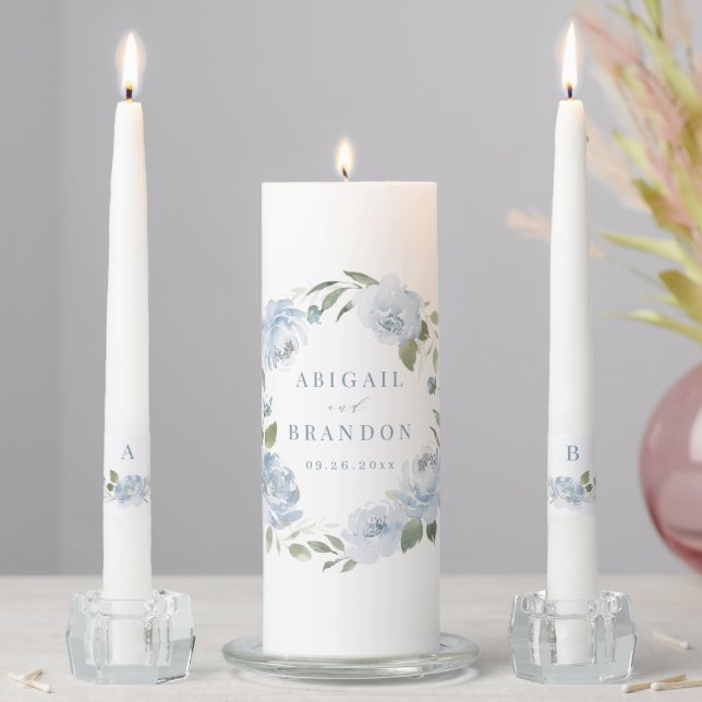 Romantic dusty blue floral wedding unity candle set (In Situ)